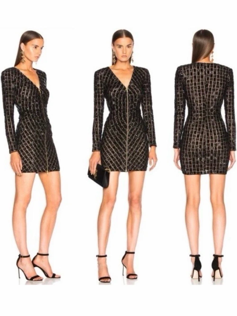 Self-Portrait Black Metallic Grid Long-Sleeve Mini Dress